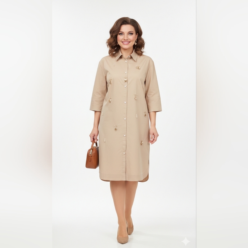J S Limited Beige Shirt Button-Up Dress, Size S.